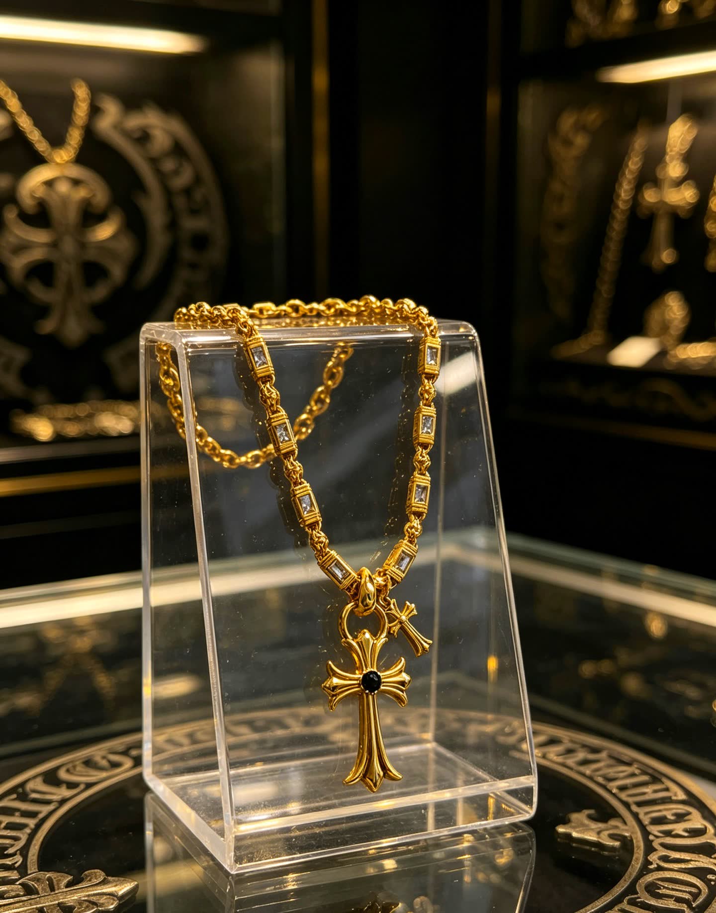 Chrome Hearts Gold Tone Crystal Cross Pendant Necklace